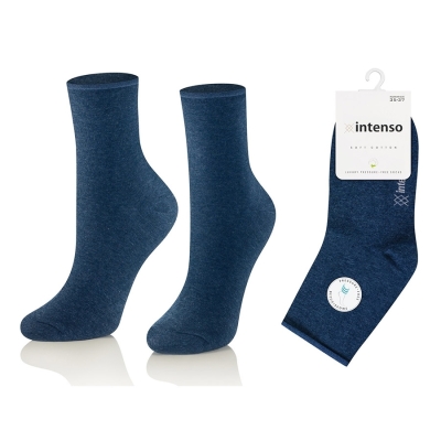 Intenso beztlakové bavlněné vysoké dámské ponožky - modré žíhané