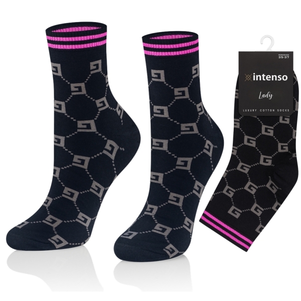 Intenso Luxury dámské vysoké ponožky - černé s růžovým lemem