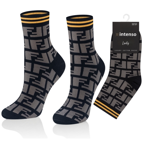 Intenso Luxury dámské vysoké ponožky - černé se žlutým lemem