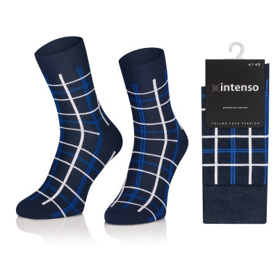 Intenso elegantní pánské vysoké ponožky Vzor 15 Mřížky - bílo modré